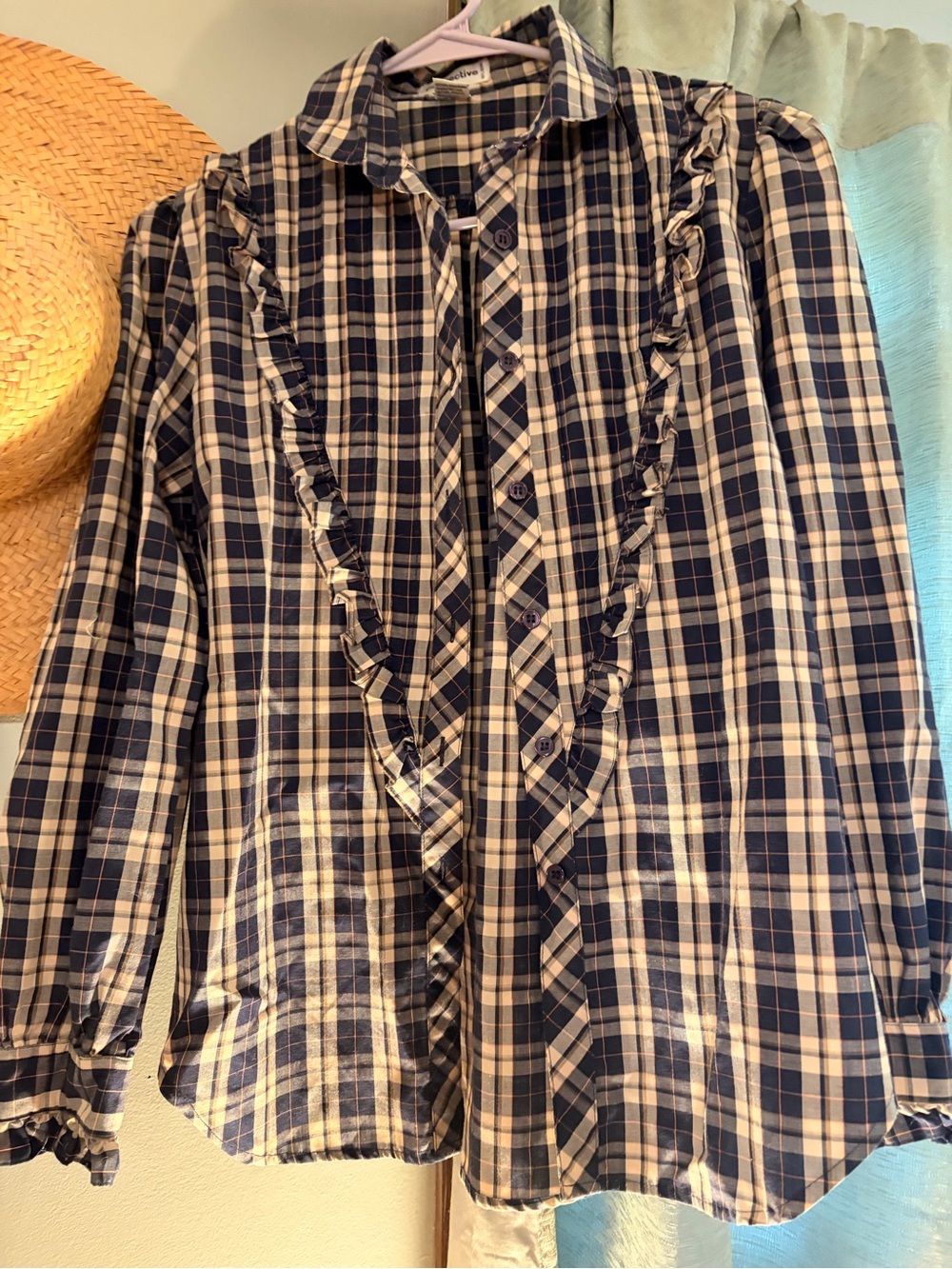 Plaid Ruffle Front Button-Up Shirt in Navy & Cream-true vintage!